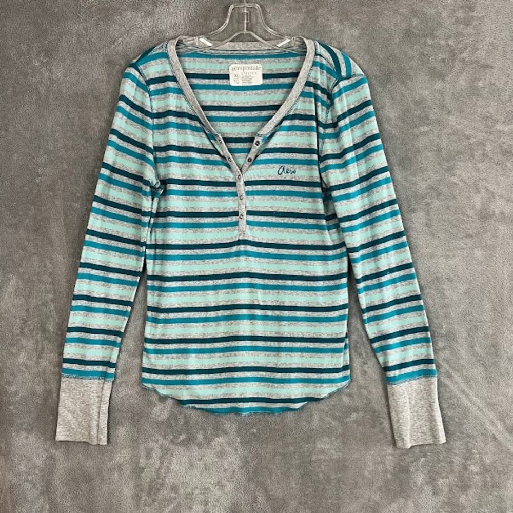 Y2K Aeropostale Long Sleeve Henley Top Womens XL Striped Grunge Indie Sleaze